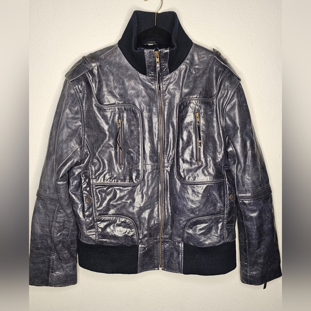 American Base Navy Blue Leather Bomber Jacket Men's size 4XL
